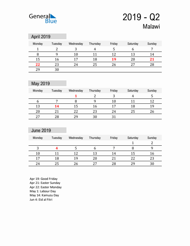 Malawi Quarter 2 2019 Calendar with Holidays