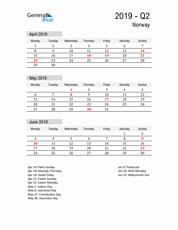 Norway Quarter 2 2019 Calendar with Holidays