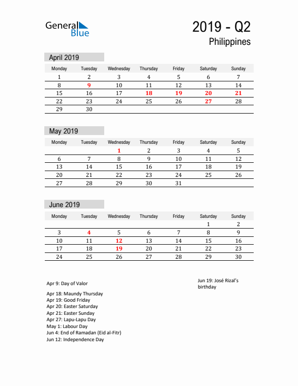 Philippines Quarter 2 2019 Calendar with Holidays