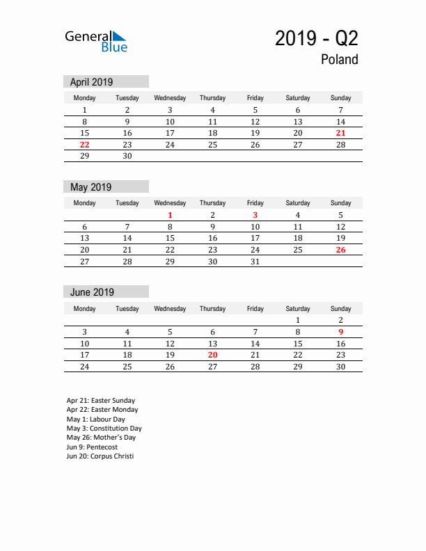 Poland Quarter 2 2019 Calendar with Holidays