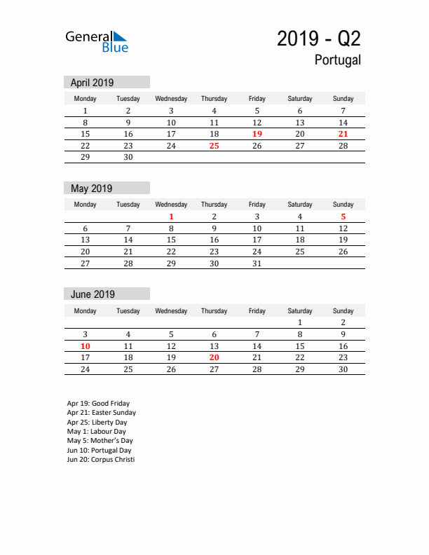 Portugal Quarter 2 2019 Calendar with Holidays