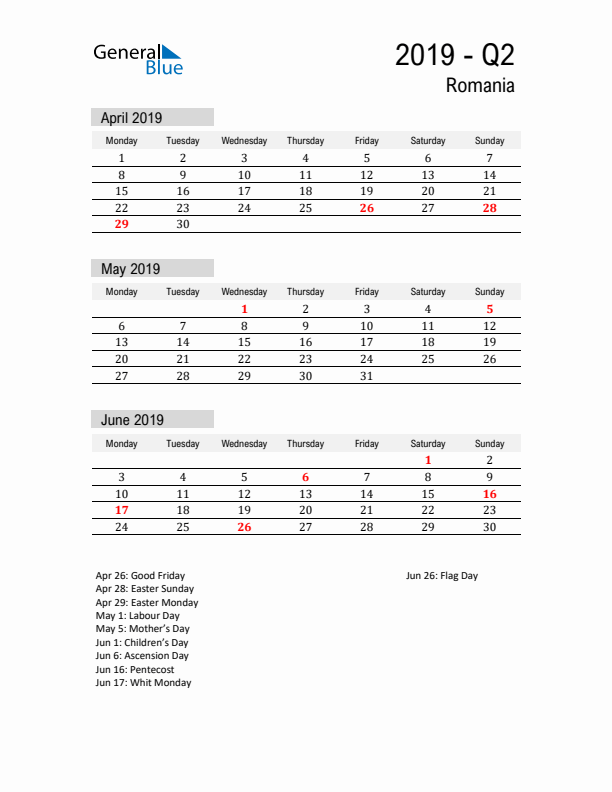 Romania Quarter 2 2019 Calendar with Holidays