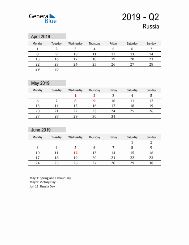 Russia Quarter 2 2019 Calendar with Holidays