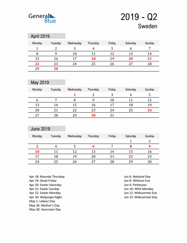 Sweden Quarter 2 2019 Calendar with Holidays