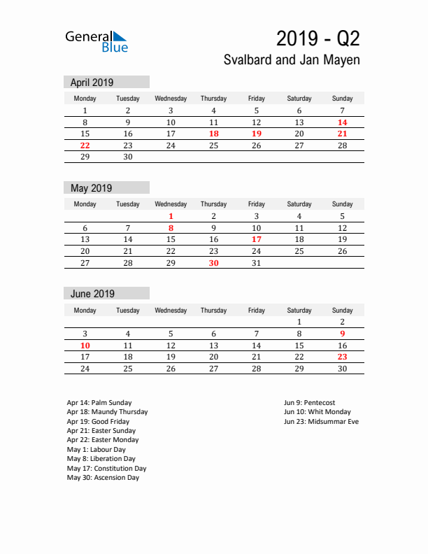 Svalbard and Jan Mayen Quarter 2 2019 Calendar with Holidays