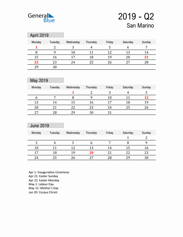 San Marino Quarter 2 2019 Calendar with Holidays