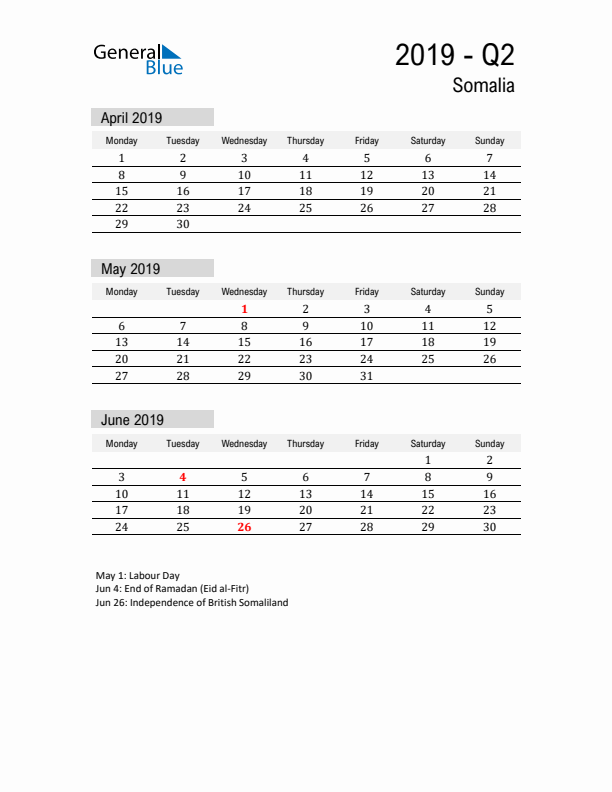 Somalia Quarter 2 2019 Calendar with Holidays