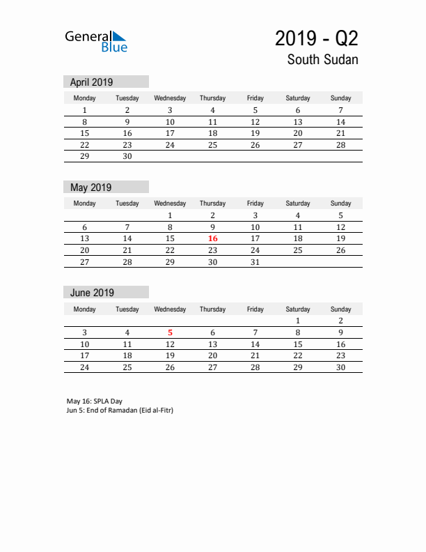 South Sudan Quarter 2 2019 Calendar with Holidays