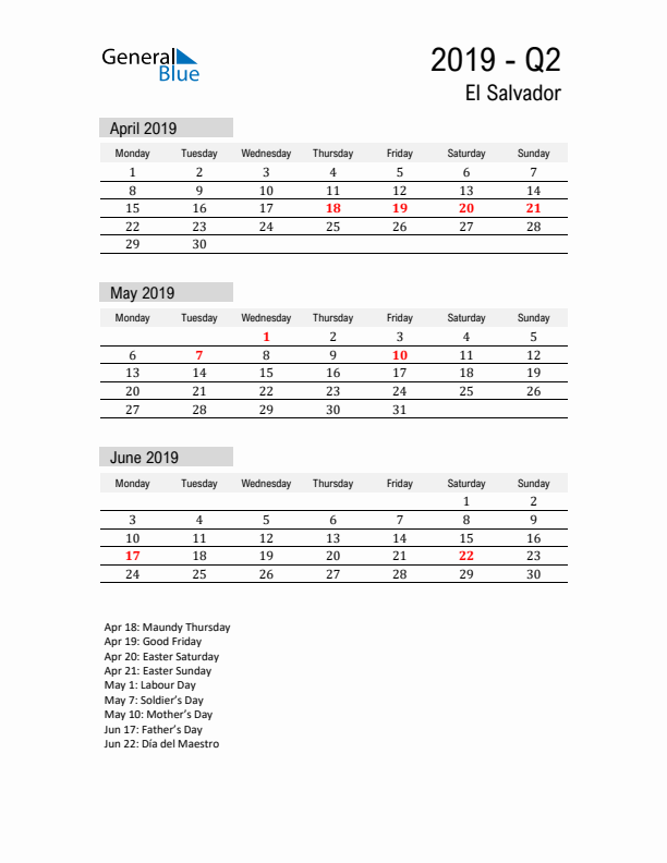 El Salvador Quarter 2 2019 Calendar with Holidays