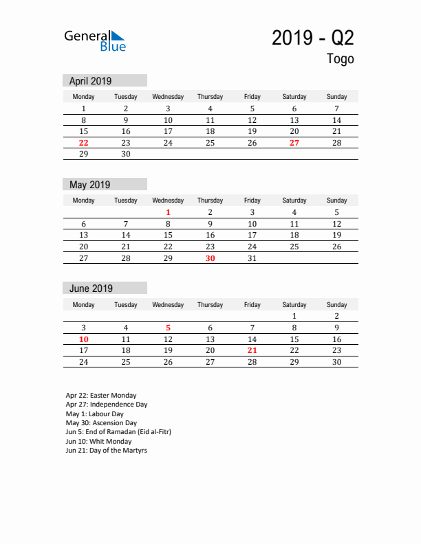 Togo Quarter 2 2019 Calendar with Holidays