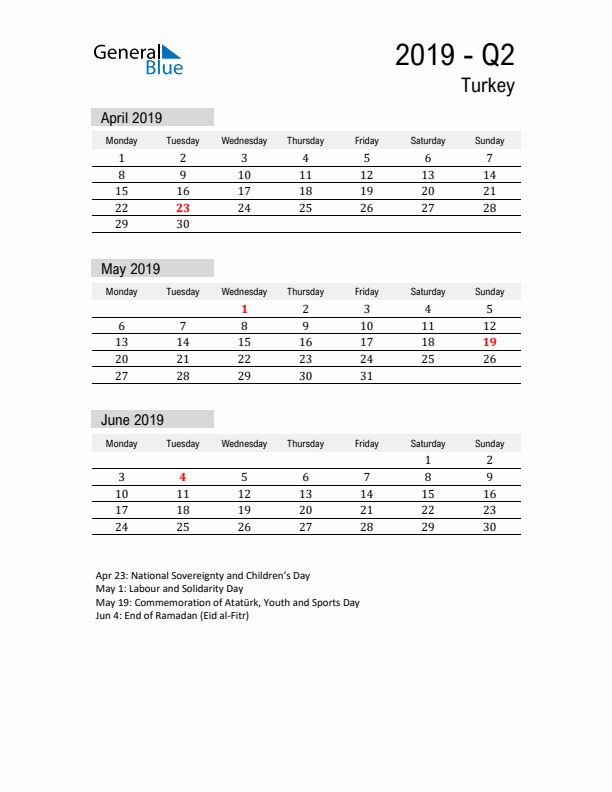 Turkey Quarter 2 2019 Calendar with Holidays