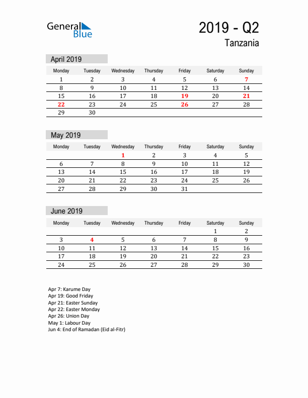 Tanzania Quarter 2 2019 Calendar with Holidays