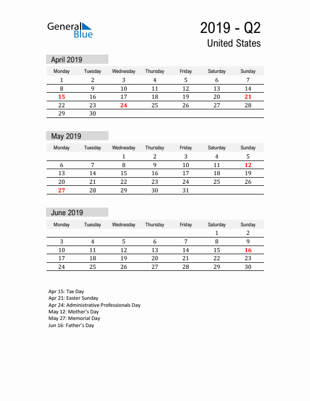 United States Quarter 2 2019 Calendar with Holidays