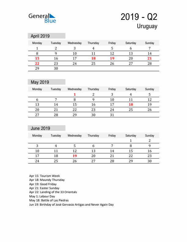 Uruguay Quarter 2 2019 Calendar with Holidays