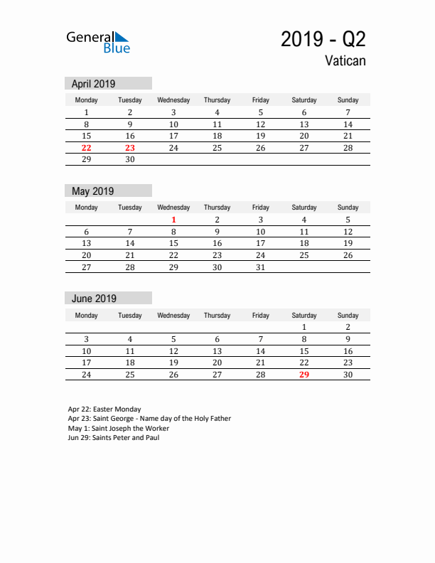 Vatican Quarter 2 2019 Calendar with Holidays