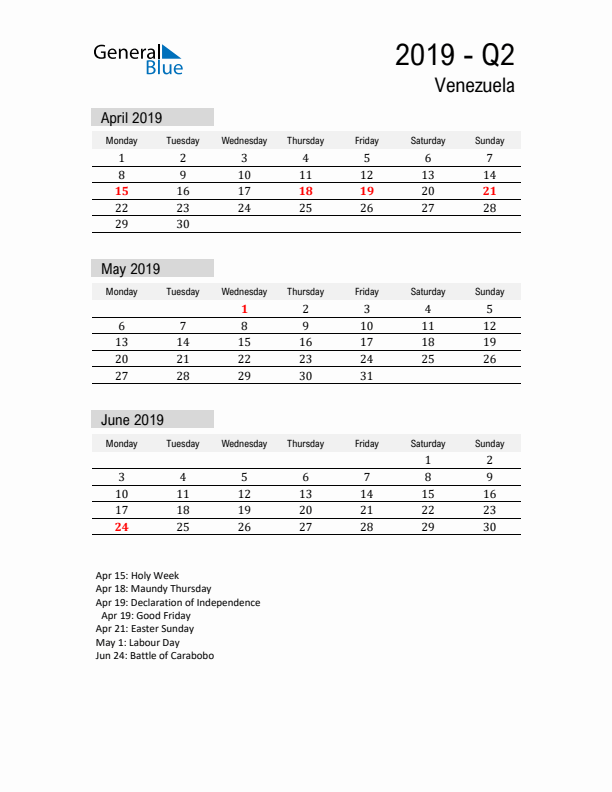 Venezuela Quarter 2 2019 Calendar with Holidays