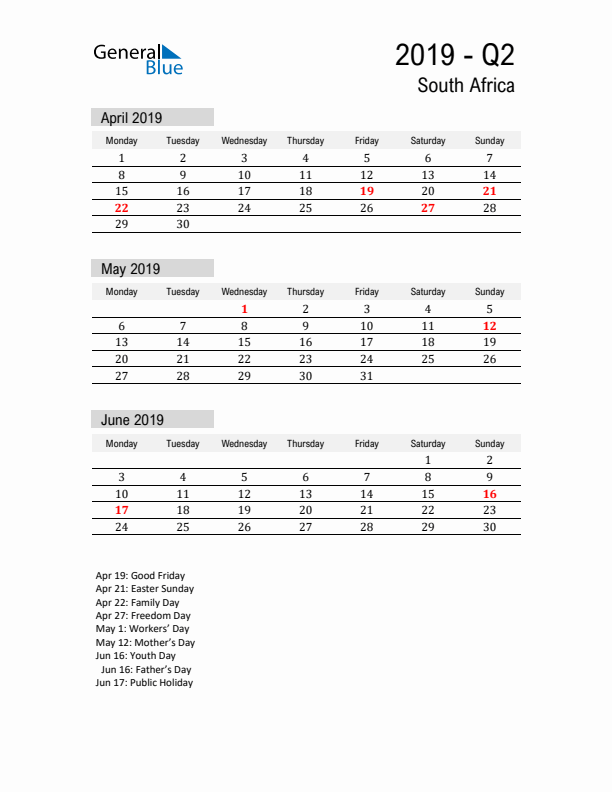 South Africa Quarter 2 2019 Calendar with Holidays