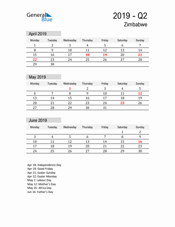 Zimbabwe Quarter 2 2019 Calendar with Holidays