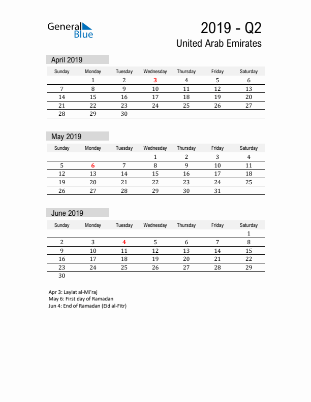 United Arab Emirates Quarter 2 2019 Calendar with Holidays