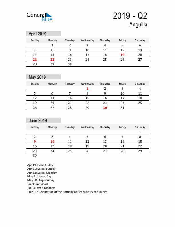 Anguilla Quarter 2 2019 Calendar with Holidays