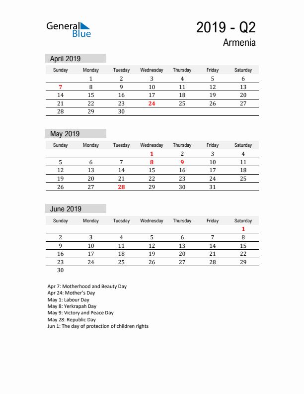 Armenia Quarter 2 2019 Calendar with Holidays