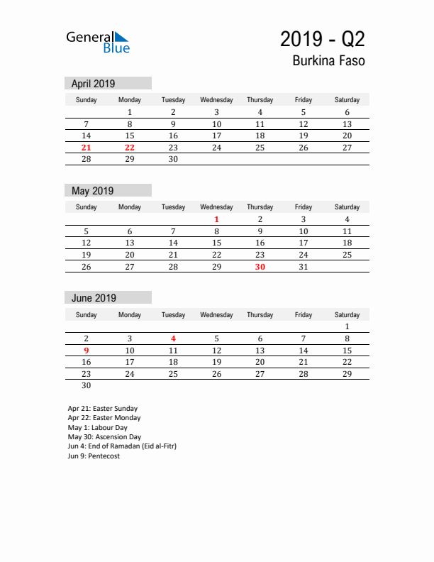 Burkina Faso Quarter 2 2019 Calendar with Holidays