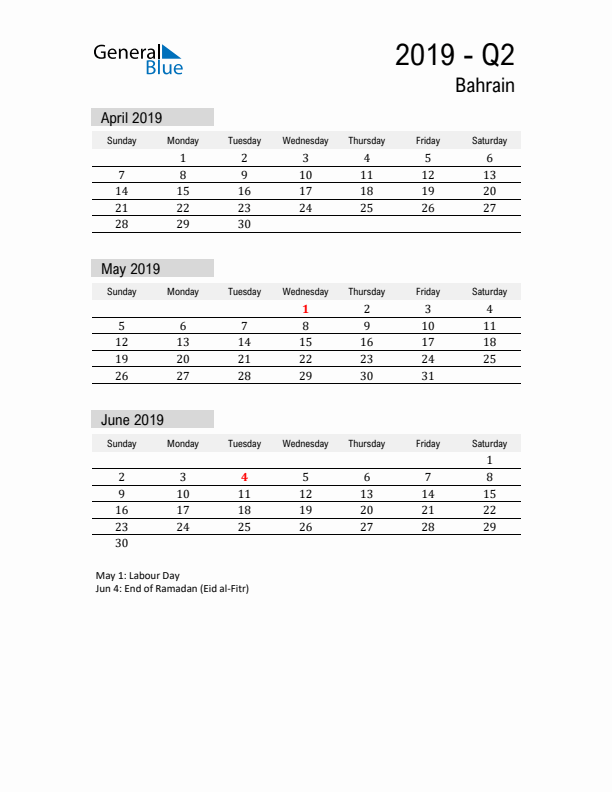 Bahrain Quarter 2 2019 Calendar with Holidays