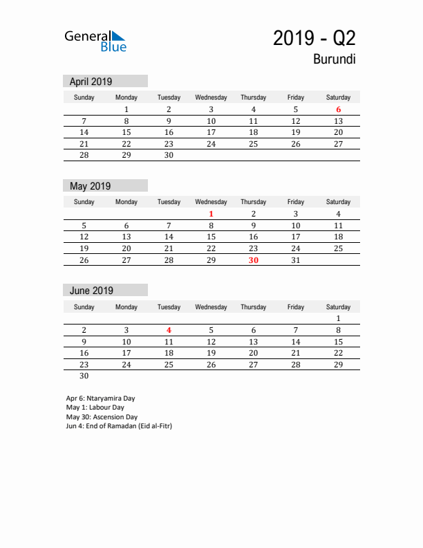 Burundi Quarter 2 2019 Calendar with Holidays