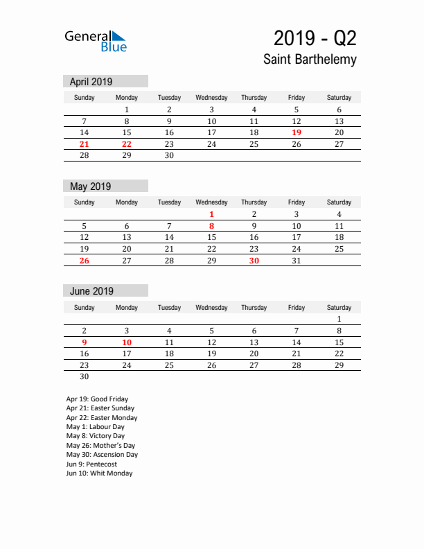 Saint Barthelemy Quarter 2 2019 Calendar with Holidays