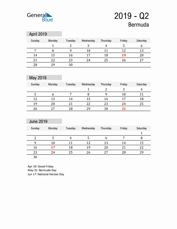 Bermuda Quarter 2 2019 Calendar with Holidays