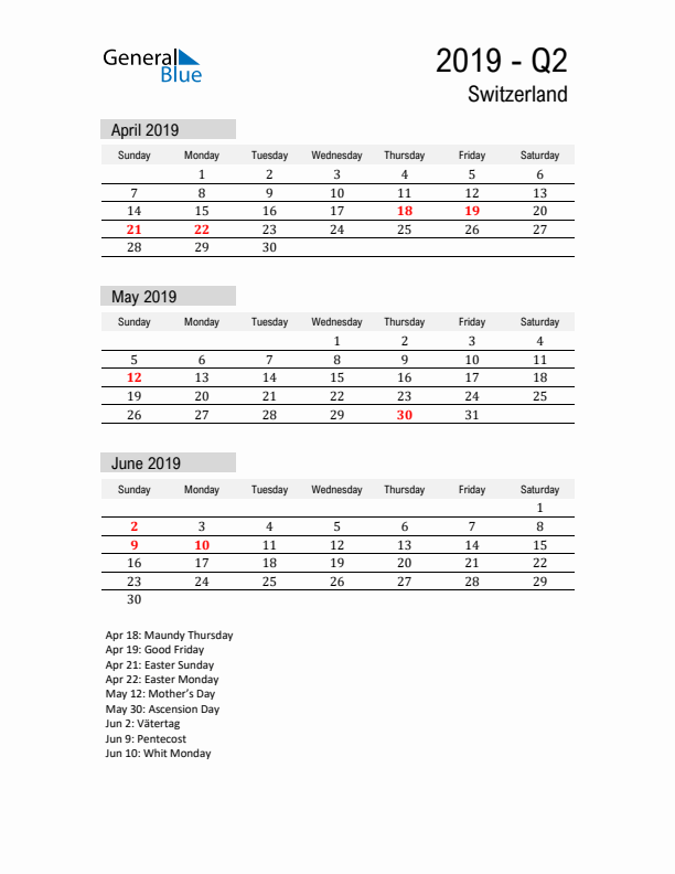 Switzerland Quarter 2 2019 Calendar with Holidays