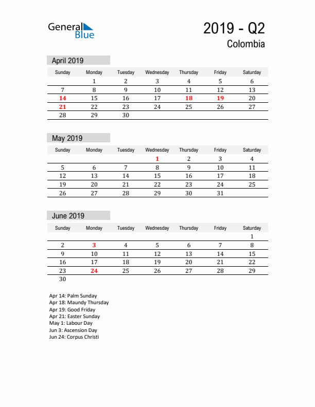 Colombia Quarter 2 2019 Calendar with Holidays