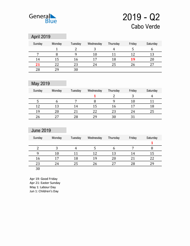 Cabo Verde Quarter 2 2019 Calendar with Holidays