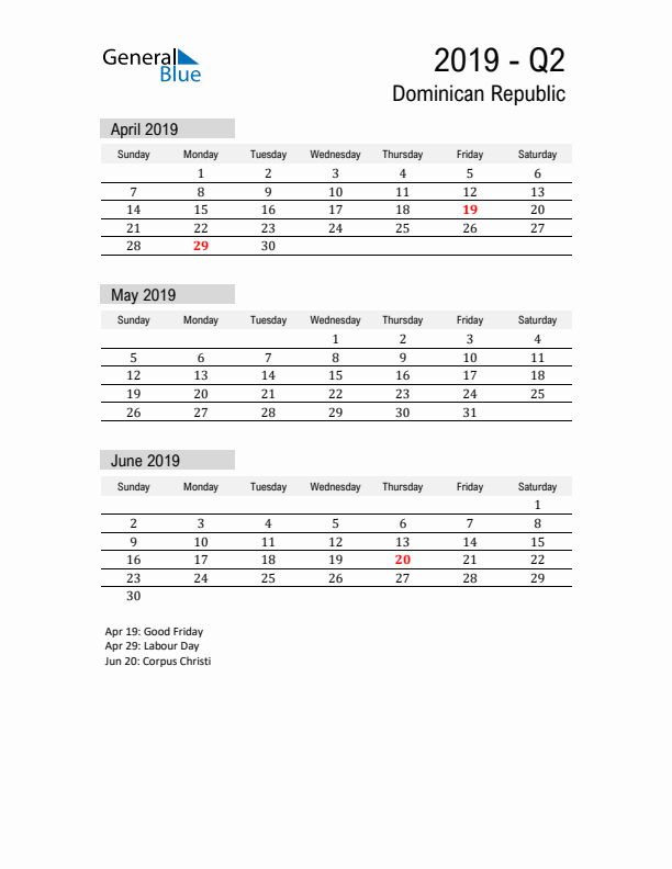 Dominican Republic Quarter 2 2019 Calendar with Holidays