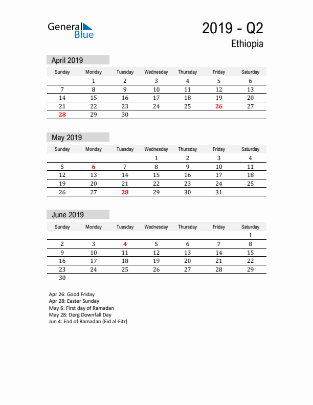 Ethiopia Quarter 2 2019 Calendar with Holidays