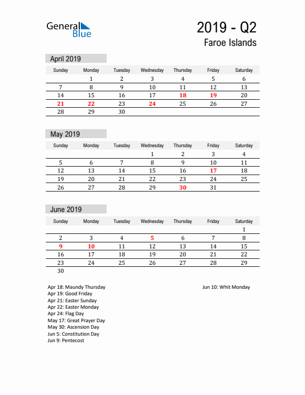 Faroe Islands Quarter 2 2019 Calendar with Holidays