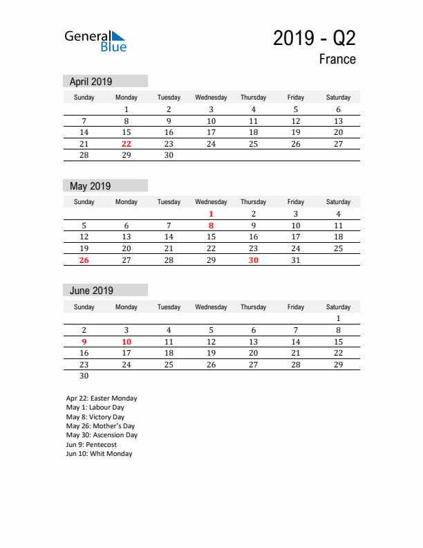 France Quarter 2 2019 Calendar with Holidays