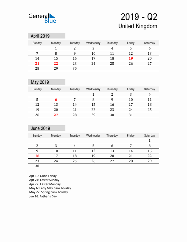 United Kingdom Quarter 2 2019 Calendar with Holidays