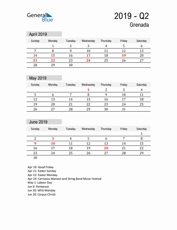 Grenada Quarter 2 2019 Calendar with Holidays