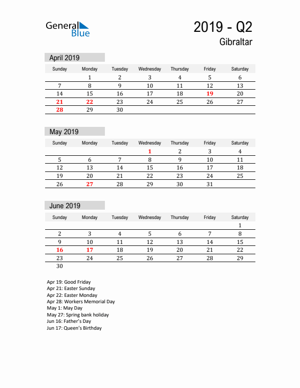 Gibraltar Quarter 2 2019 Calendar with Holidays