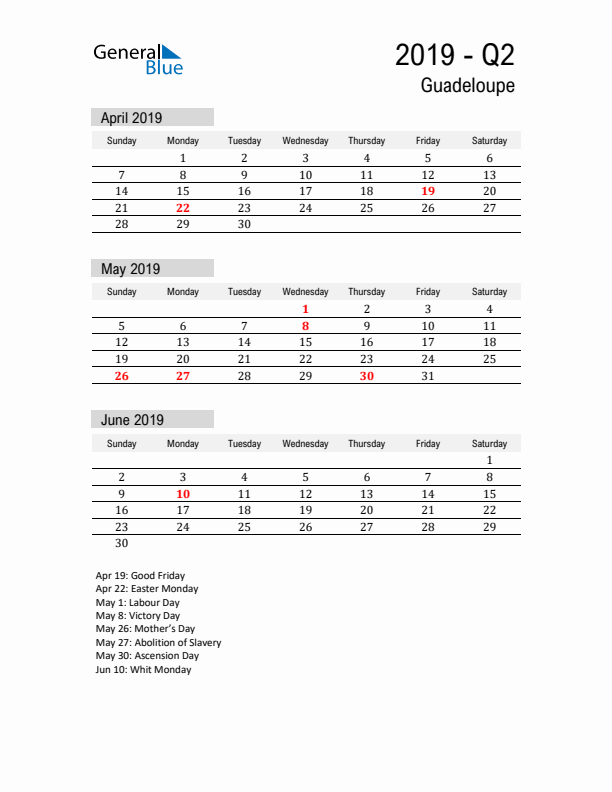 Guadeloupe Quarter 2 2019 Calendar with Holidays