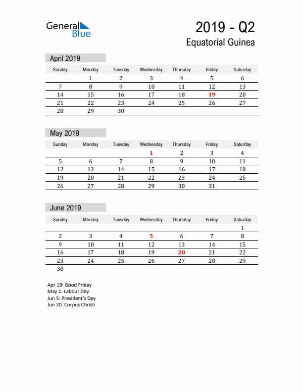 Equatorial Guinea Quarter 2 2019 Calendar with Holidays