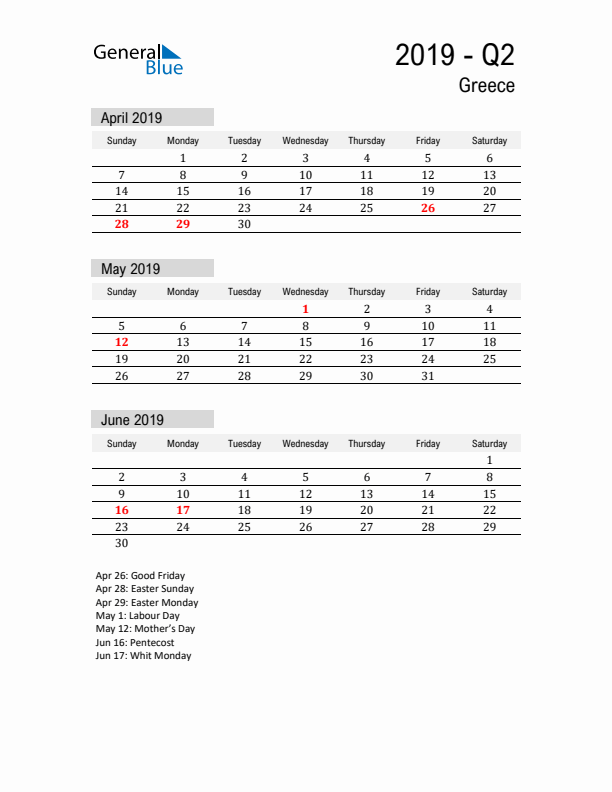 Greece Quarter 2 2019 Calendar with Holidays