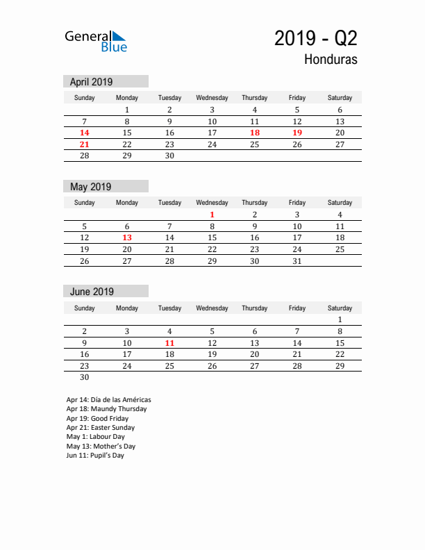 Honduras Quarter 2 2019 Calendar with Holidays