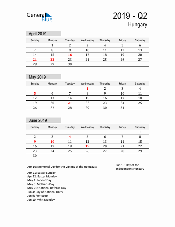 Hungary Quarter 2 2019 Calendar with Holidays