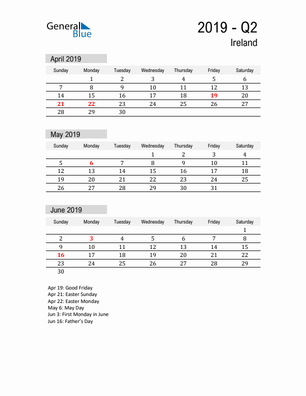 Ireland Quarter 2 2019 Calendar with Holidays