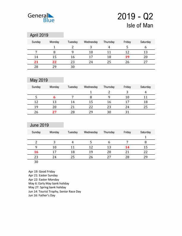 Isle of Man Quarter 2 2019 Calendar with Holidays