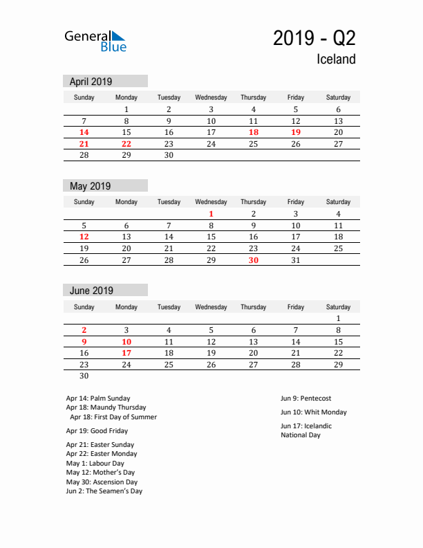 Iceland Quarter 2 2019 Calendar with Holidays