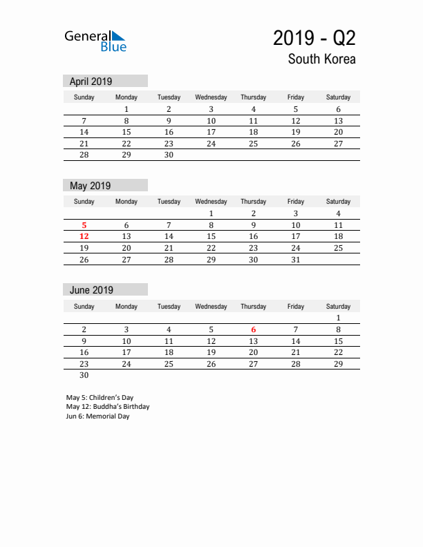 South Korea Quarter 2 2019 Calendar with Holidays