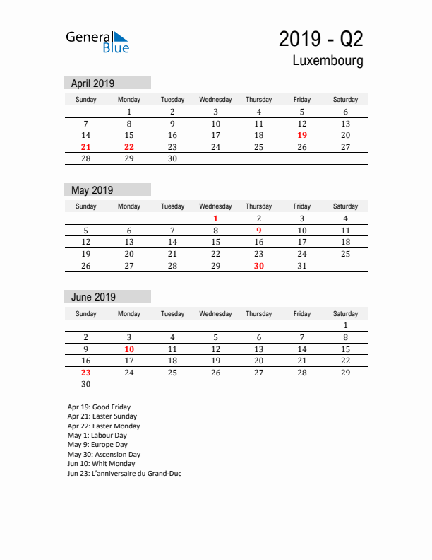 Luxembourg Quarter 2 2019 Calendar with Holidays